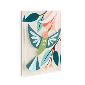A cream acrylic wall art tile with an illustrated modern blue hummingbird hovering at a peach flower displayed angled to the right.
