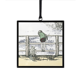 A small square sun catcher with a classic illustration of Christopher Robin and Pooh looking over the bridge at the water.