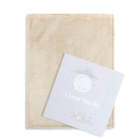 A gift set including a light brown blanket and a gift book with the title "I Love You So".