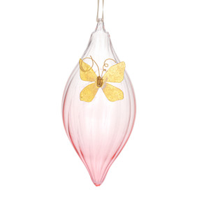 A teardrop shaped light pink milk glass ornament with a gold butterfly on the front.