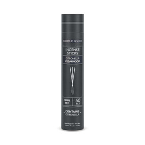 Black tube packaging for a set of 50 cedarwood scented citronella incense sticks.
