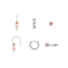 Three different small earring sets in silver and pink with three different types of closures.