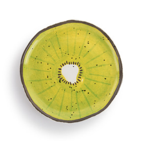 A kiwi shaped ceramic plate painted on the inside to look like the inside of a kiwi.