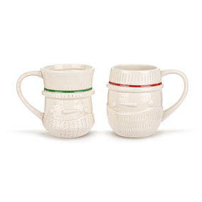 Two different cream ceramic mugs with sculpted images of snowmen and either a red or green accent stripe.