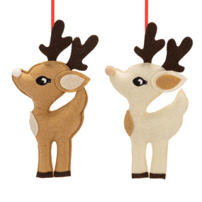Two felt reindeer ornaments. One is cream colored and the other is tan, each with dark antlers and hooves.