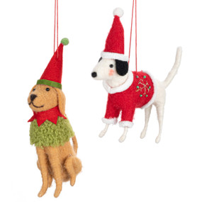 Two different felt dog ornaments including a great dane and a golden retriever dressed in holiday sweaters and hats.