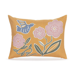 A dark yellow rectangular accent pillow with an illustrated blue bird and pink flowers.