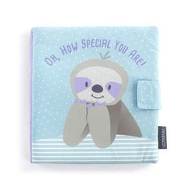 A light blue fabric activity baby book with an illustrated sloth on the front and the title "Oh, How Special You Are!".