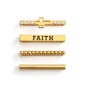 Four different gold charms that fit on a smart watch band. One has the word "Faith" and another has a cross.