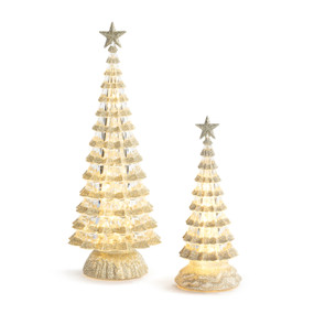 A set of two different gold sparkly tree figures that light up, displayed lit.