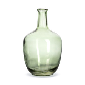 A green glass vase with a long neck and small opening.