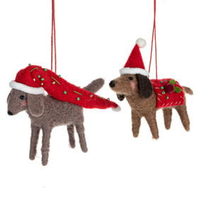 A set of two felt ornaments shaped like dachshund dogs in red Santa hats.