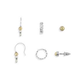 Three different small earring sets in silver and gold with three different types of closures.