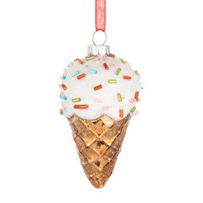 A hanging ornament shaped like an ice cream cone with sprinkles on top.