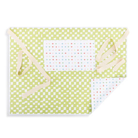 A light green and white half apron with a check pattern on the front along with a pocket and cream ties.
