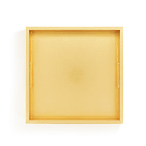 Top down view of a square wood tray painted gold on top.