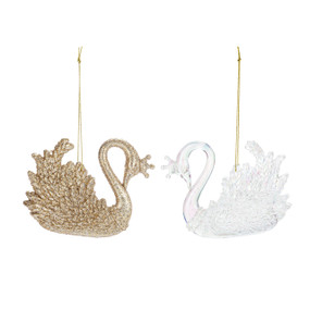 A set of two sparkly swan ornaments. One is silver and the other gold.