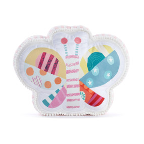 A white butterfly shaped pillow with an illustrated colorful patterned butterfly on the front.