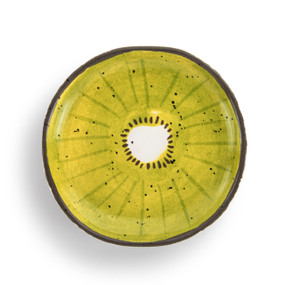 A small kiwi shaped ceramic plate painted on the inside to look like the inside of a kiwi.
