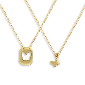 A set of sharing gold chain necklaces with nesting butterfly charms.