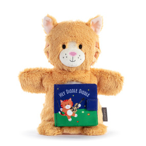 A light brown plush cat puppet with a fabric book attached to its front with the title "Hey Diddle Diddle".