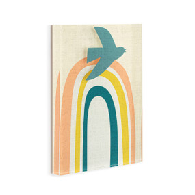 A cream acrylic wall art tile with an illustrated modern rainbow and a teal bird in flight displayed angled to the right.