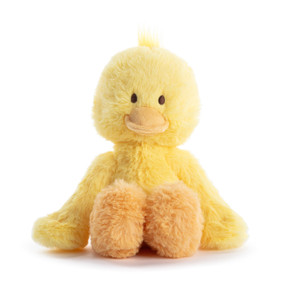 A small plush yellow duck displayed sitting.