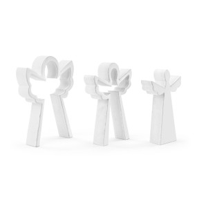 A set of three white wood nesting angels displayed separated and angled to the right.