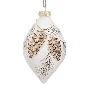 A white finial ornament with painted pinecones and branches.