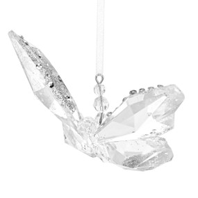 A clear acrylic butterfly in flight decorated with silver sparkle and beads.