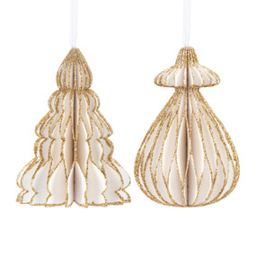 A set of two white paper cut ornaments in a tree and finial shape. They each have gold around the edges.