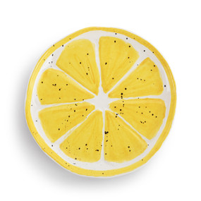 A lemon shaped ceramic plate painted on the inside to look like the inside of a lemon.