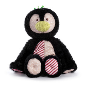 A black plush penguin with patterned paws and a green knit nose displayed sitting.
