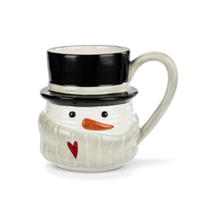 A ceramic mug with a snowman face wrapped in a gray scarf and wearing a black tophat.