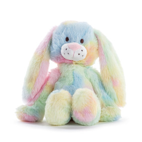 A small plush pastel tie dye rabbit displayed sitting.