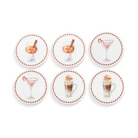 A set of six paperboard coasters with holiday cocktails on them and holiday themed questions on the backs.