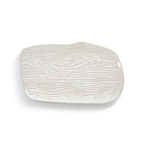 A small cream rectangular ceramic platter with a wood grain appearance.