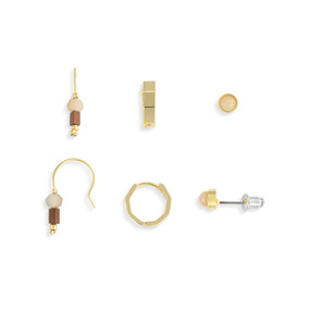 Three different small earring sets in brown and gold with three different types of closures.