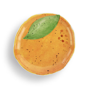 A small orange shaped ceramic plate painted on the inside to look like the outside of an orange.