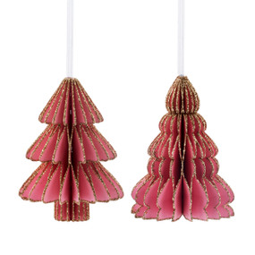 Two pink paper cut ornaments in different tree shapes. Each has gold along its edges.