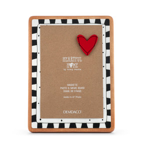 A wood easel back magnet board with a black and white check border.