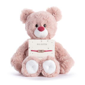 A pink plush teddy bear with an attached bracelet that says "Big Sis" intended for a child.