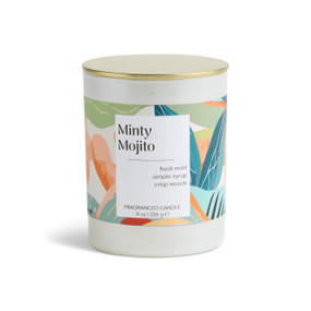 An 8 oz minty mojito scented candle in a round white container with a gold lid.