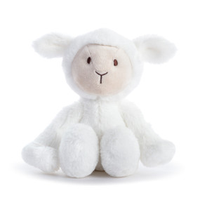 A small plush white lamb displayed sitting.