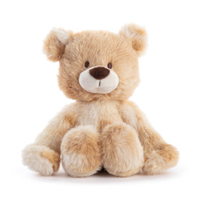 A small plush light brown teddy bear displayed sitting.