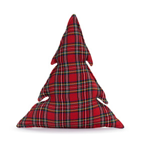 A tree shaped pillow in a red plaid fabric.