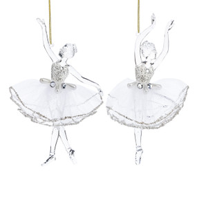 A set of two different clear acrylic ballet dancers decorated with silver beads and clear tulle.