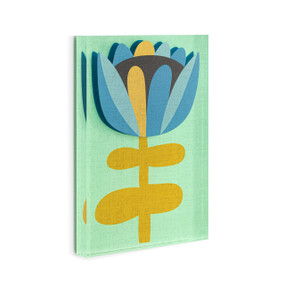 A light green acrylic wall art tile with an illustrated modern blue flower with an orange stem displayed angled to the right.