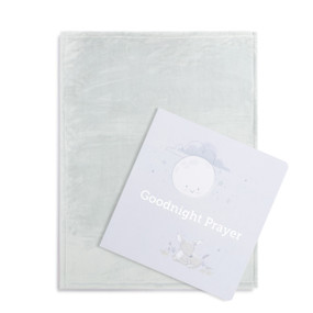 A gift set including a light blue blanket and a gift book with the title "Goodnight Prayer".