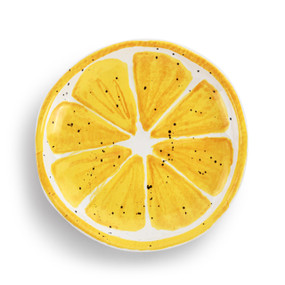 A small lemon shaped ceramic plate painted on the inside to look like the inside of a lemon.